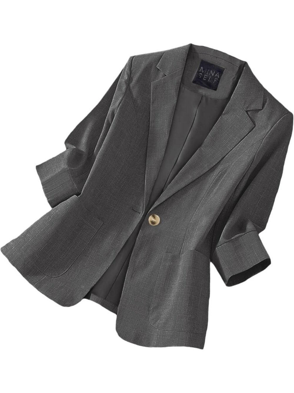 Women's Grey Cowl Neck 3/4 Sleeve Button Pockets Breathable Molded Linen Blazer